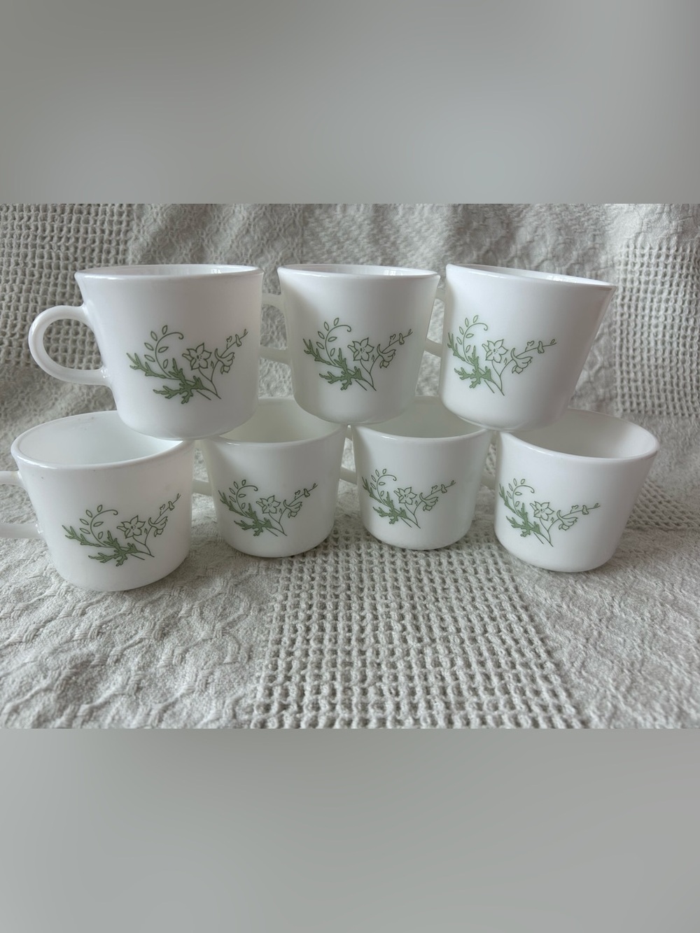 Corningware White Mugs with Green Floral Pattern - Set of 7